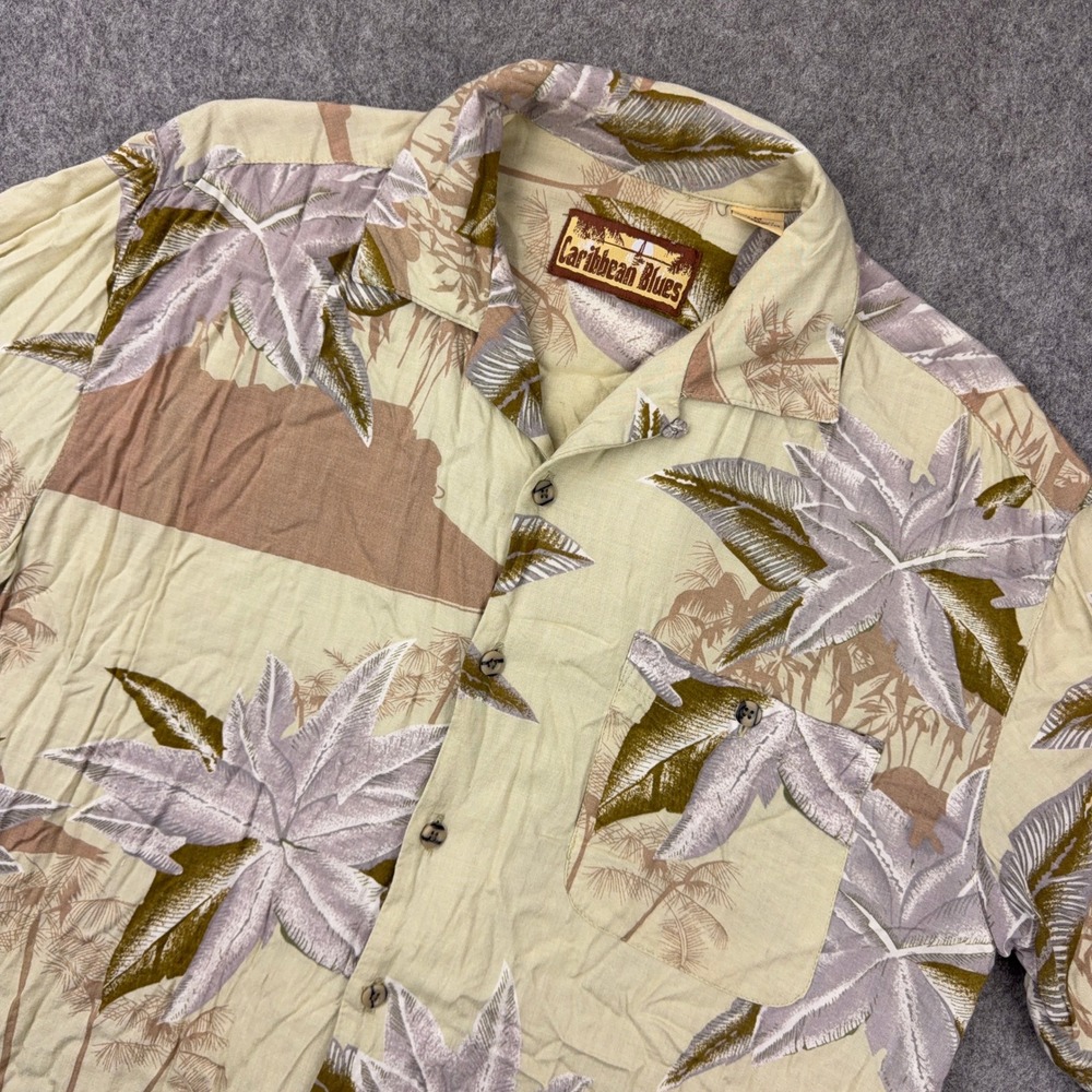 Caribbean Blues Shirt Mens Medium Tan Tropical Loop Collar Rayon Aloha Hawaiian